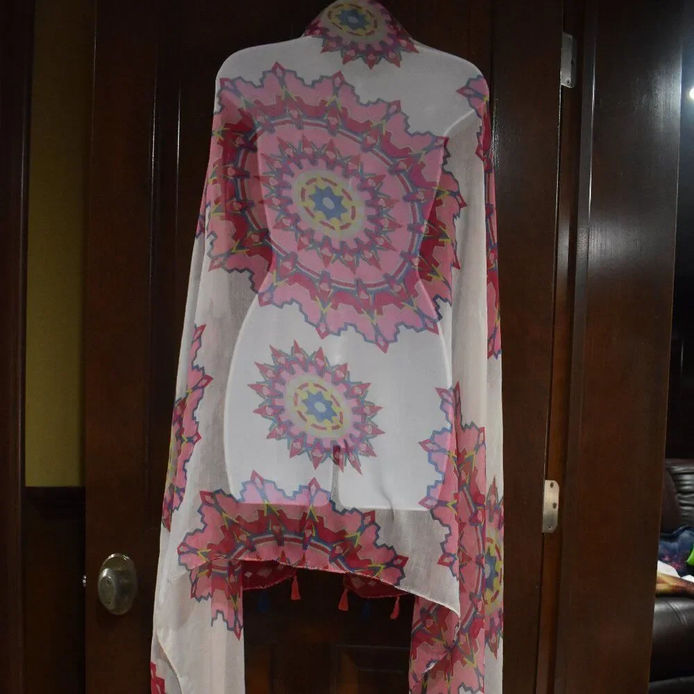 Boho Floral Tassel Scarf Shawl Red Pink White Sheer Lightweight Gypsy Chic